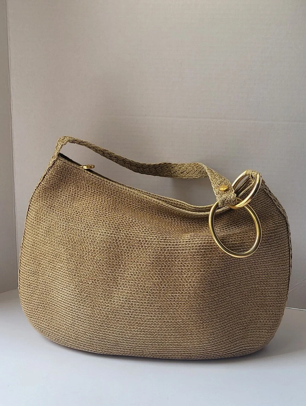 Eric Javits Squishee Tan Woven Hobo Shoulder Bag Gold Ring EUC